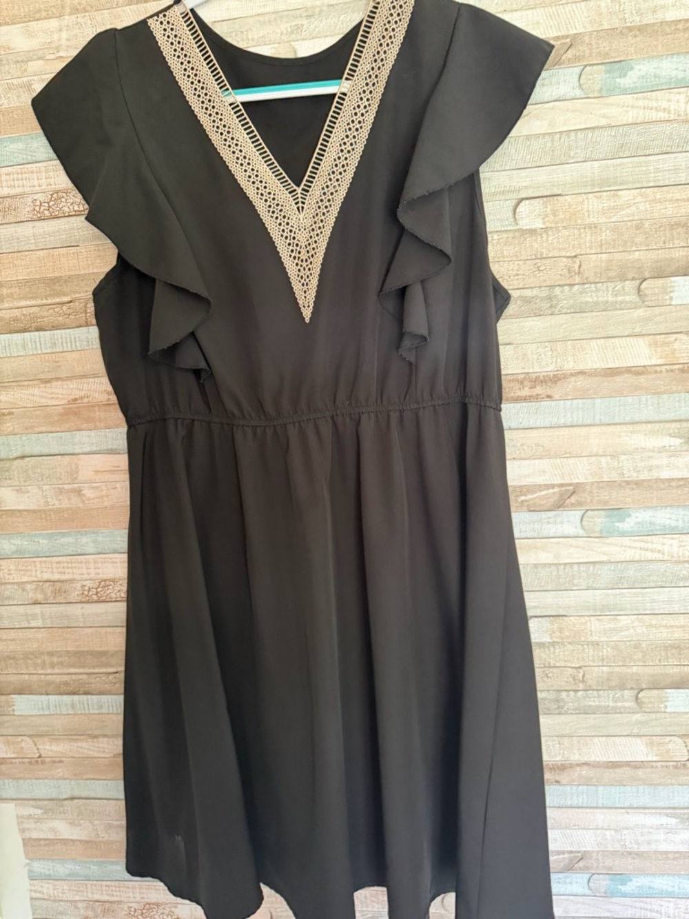 SHEIN Black Midi Dress with Cream Crochet V-Neck